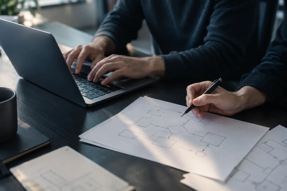 Dettaglio illustrativo di persone che lavorano su un laptop e uno schema di processo