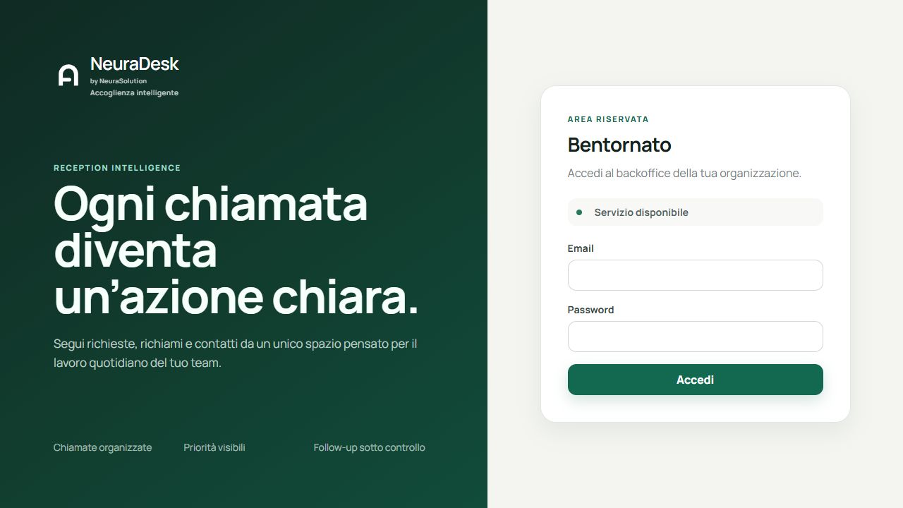 La schermata di accesso di NeuraDesk, con lo spazio riservato al team